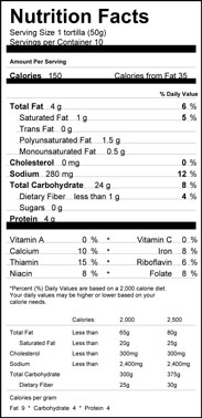 Soft Taco Size Flour Tortilla Nutrition Label