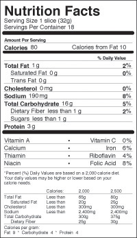Freihofer Italiano Unseeded Nutrition Label